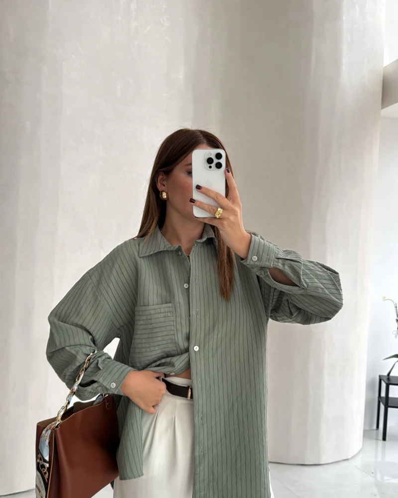 Isabella Çizgili Oversize Gömlek - Çağla - Kod: 5000