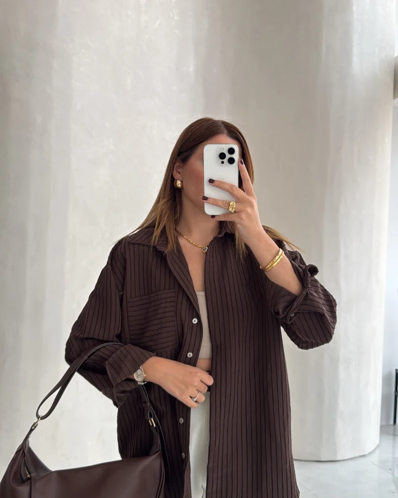 Isabella Çizgili Oversize Gömlek - Kahve - Kod: 5000
