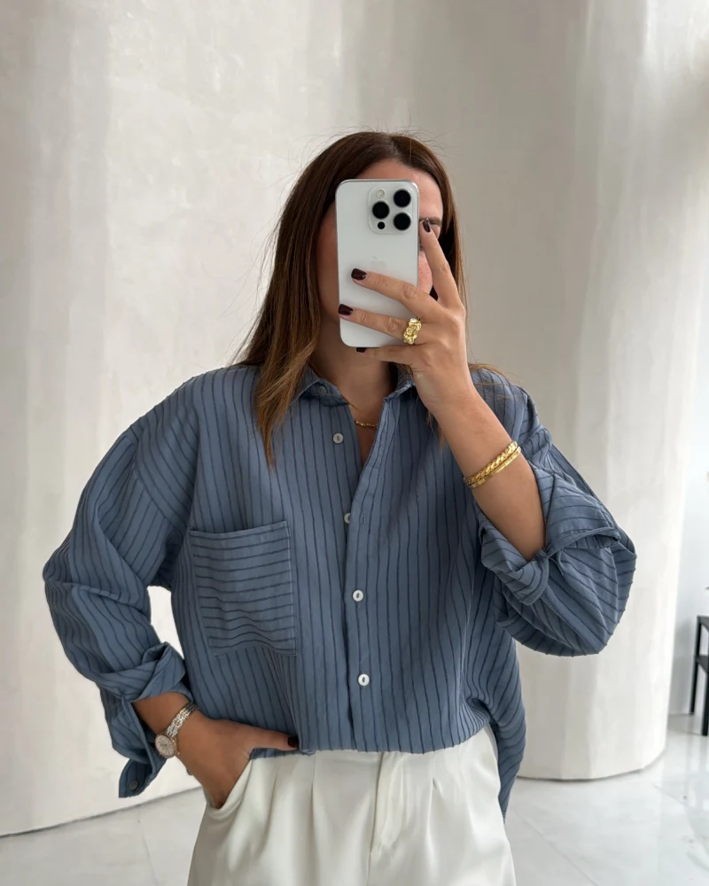 Isabella Çizgili Oversize Gömlek - Mavi - Kod: 5000