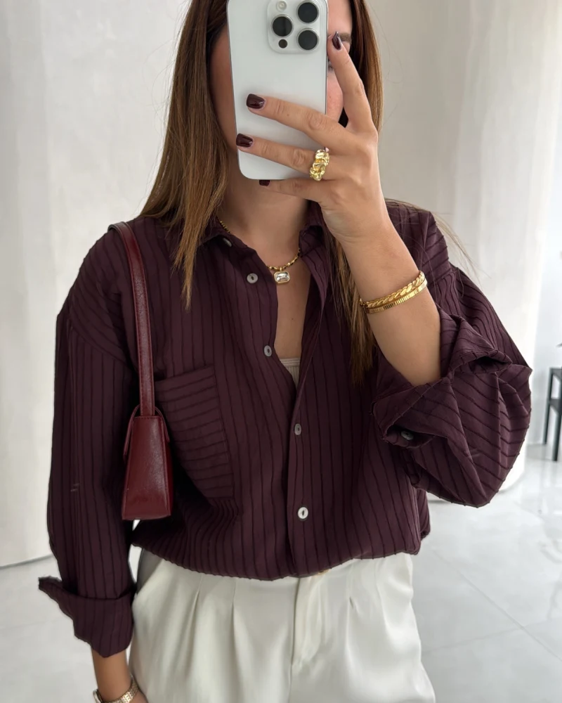 Isabella Çizgili Oversize Gömlek - Mürdüm - Kod: 5000