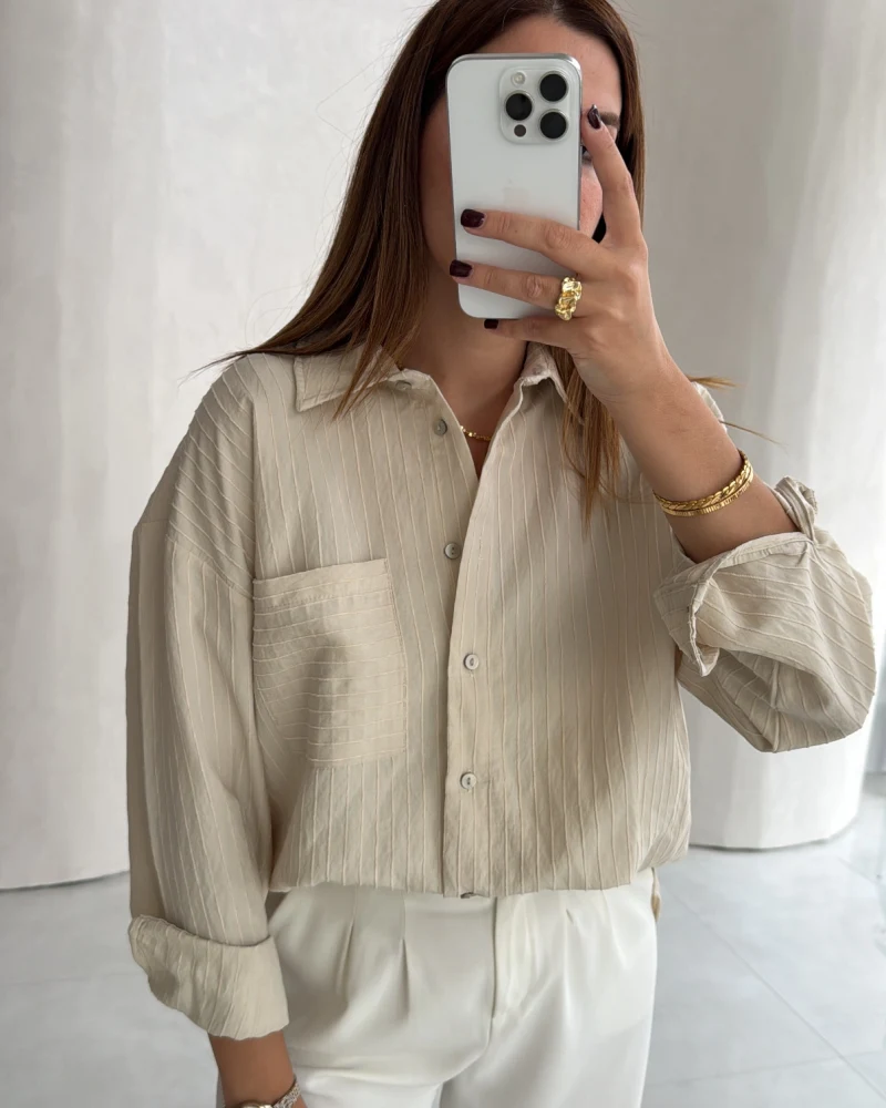 Isabella Çizgili Oversize Gömlek - Taş - Kod: 5000