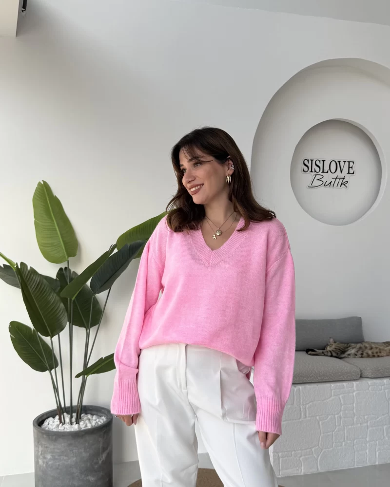 İsabella V Yaka Kazak - Pembe