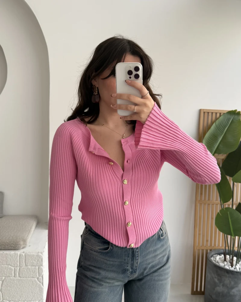 İspanyol Kol Detay Triko Hırka - Pembe - Kod: 316