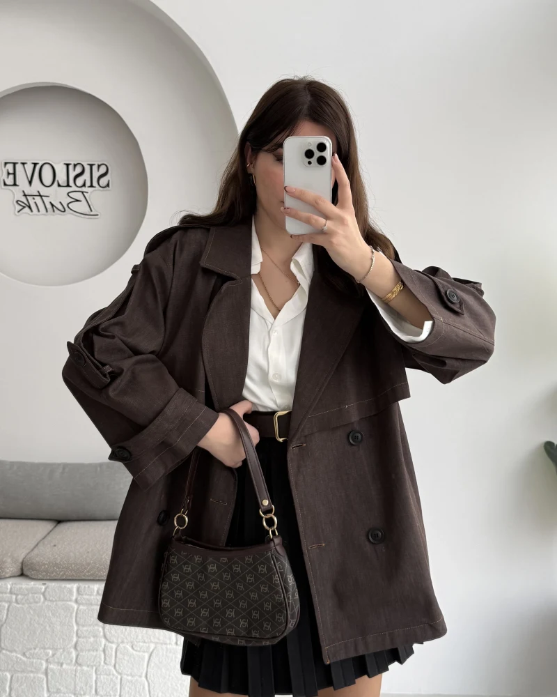 Ivanna Kuşaklı Kısa Kot Trenç - Acı Kahve - Kod: 2077