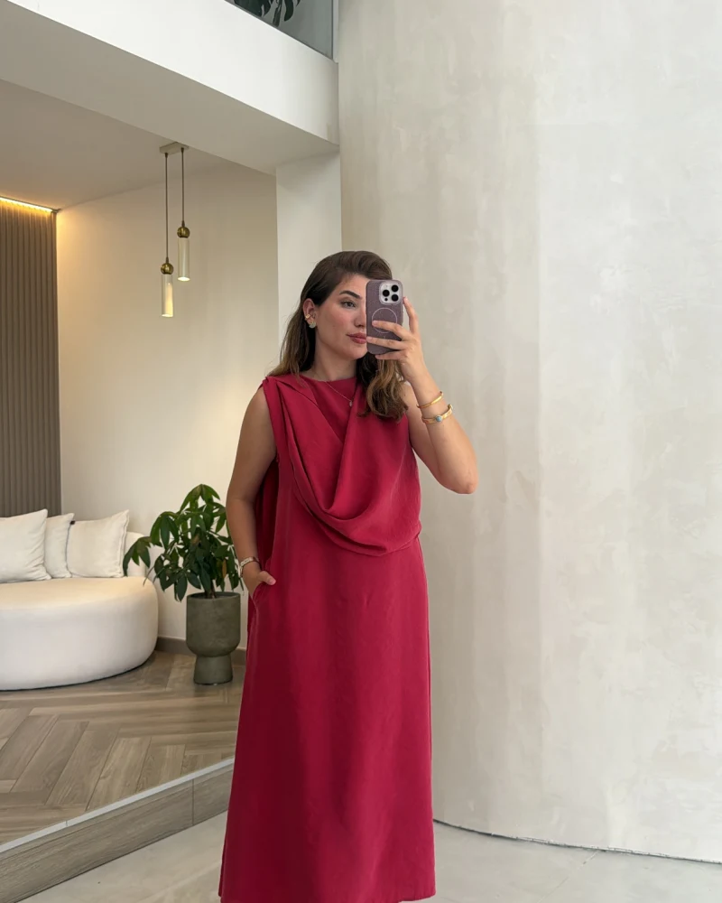 Janeka Şal Yaka Elbise - Fuşya - Kod: 3419