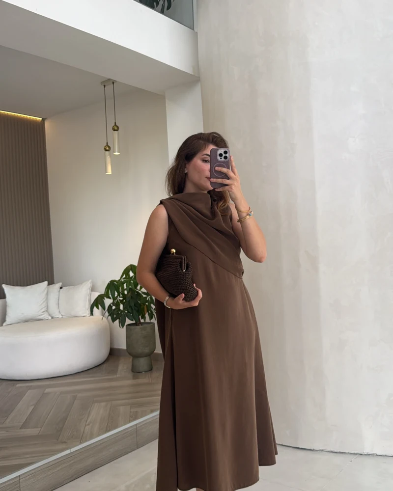 Janeka Şal Yaka Elbise - Kahve - Kod: 3419