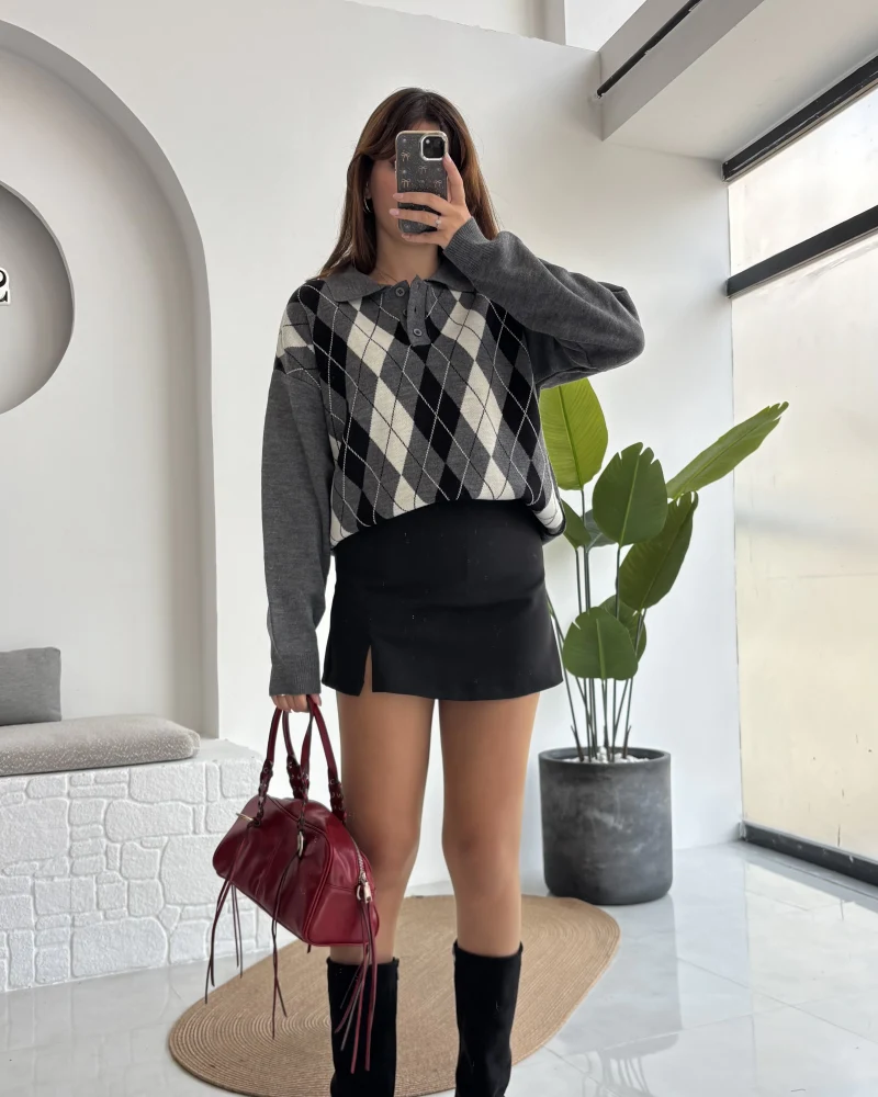 Janet Polo Yaka Baklava Desenli Kazak - Antrasit