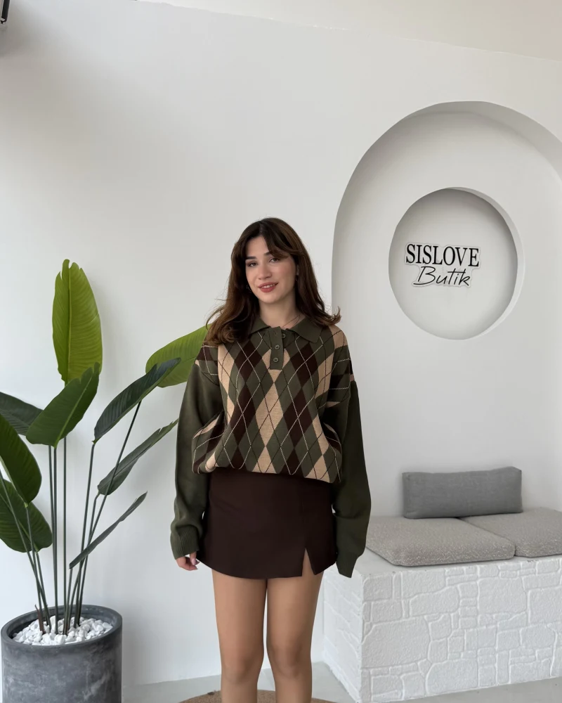 Janet Polo Yaka Baklava Desenli Kazak - Haki