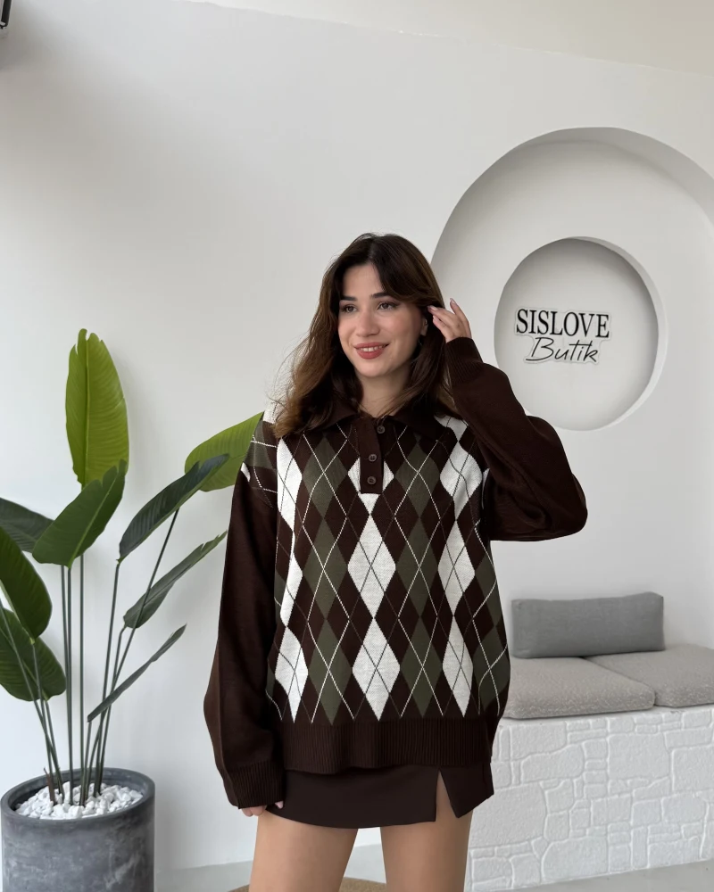 Janet Polo Yaka Baklava Desenli Kazak - Kahverengi