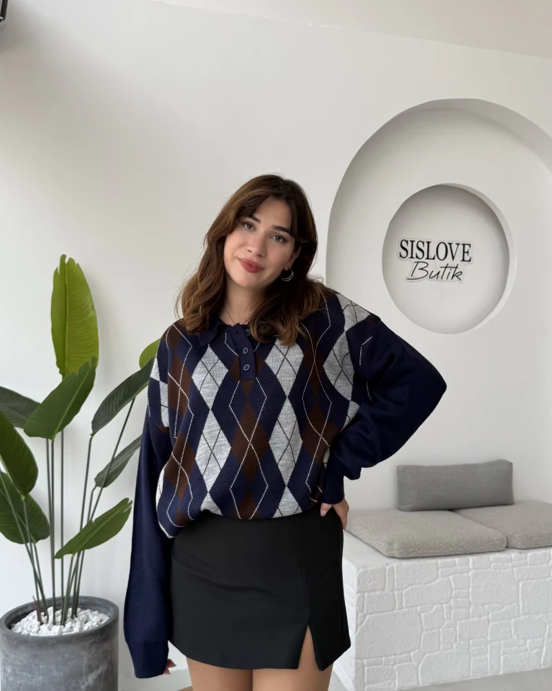 Janet Polo Yaka Baklava Desenli Kazak - Lacivert