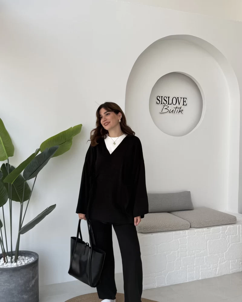 Jenny Bağlamalı Triko Takım - Siyah - Kod: 7206
