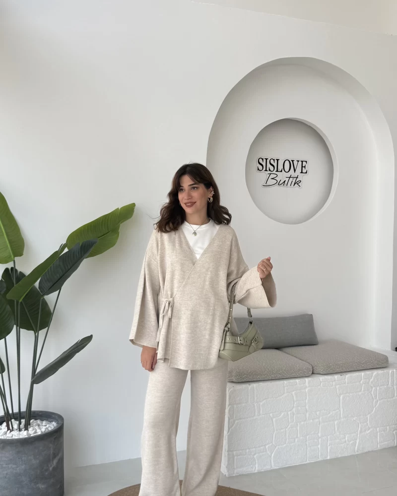 Jenny Bağlamalı Triko Takım - Taş - Kod: 7206