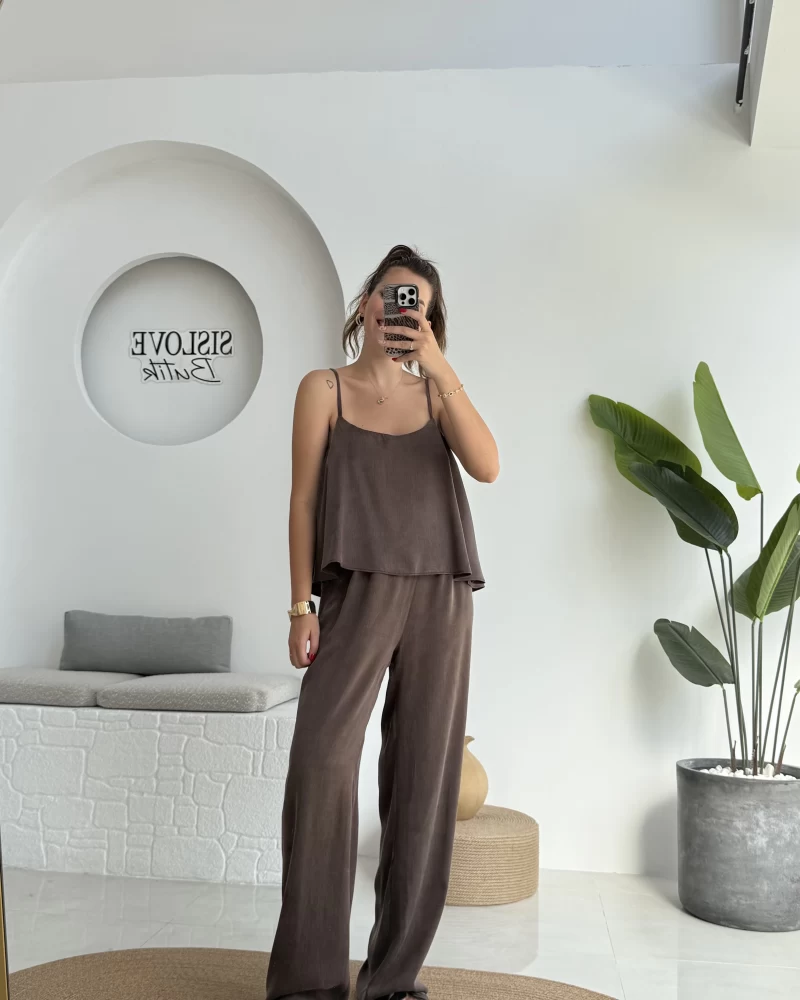 June Askılı Bluz Pantolon Takım - Kahve - 51043