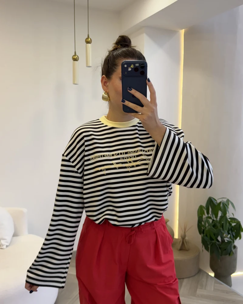 Kahve Çizgili Sarı Baskılı Sweatshirt - Kod: 1126
