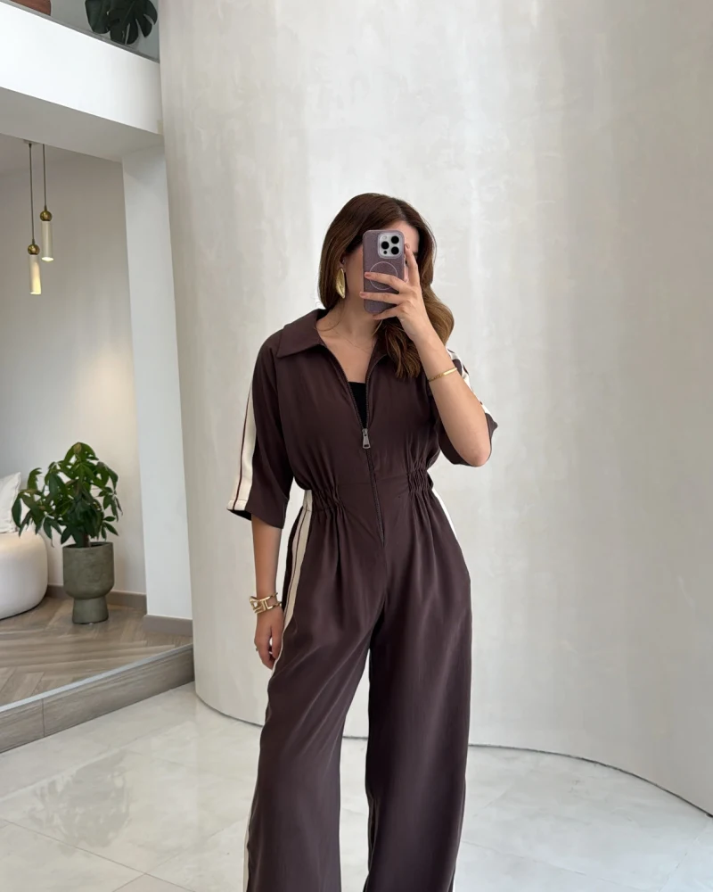 Kahve Modal Beli Lastikli Tulum - Kod: 6112
