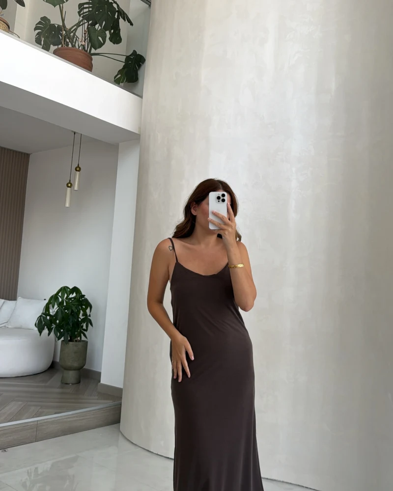 Kahve Oys Askılı Yırtmaç Detay Elbise - Kod: 63941