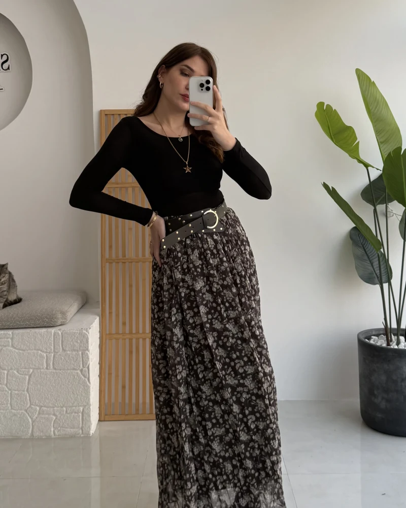 Kalın Kemerli Çiçek Desenli Şifon Etek - Haki