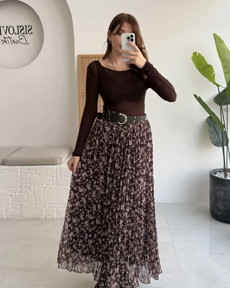 Kalın Kemerli Çiçek Desenli Şifon Etek - Kahverengi