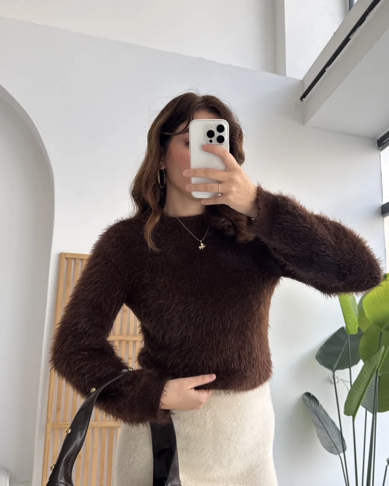 Kalina Bisiklet Yaka Tüylü Yumoş Kazak - Acı Kahve