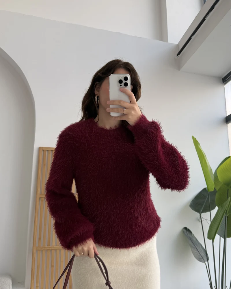 Kalina Bisiklet Yaka Tüylü Yumoş Kazak - Bordo