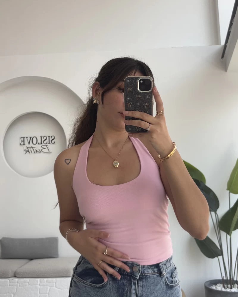 Karolina Boyundan Geçmeli Crop - Pembe