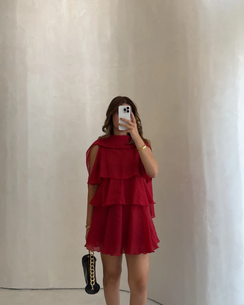 Kat Kat Pelerin Mini Elbise - Kırmızı - Kod: 3452