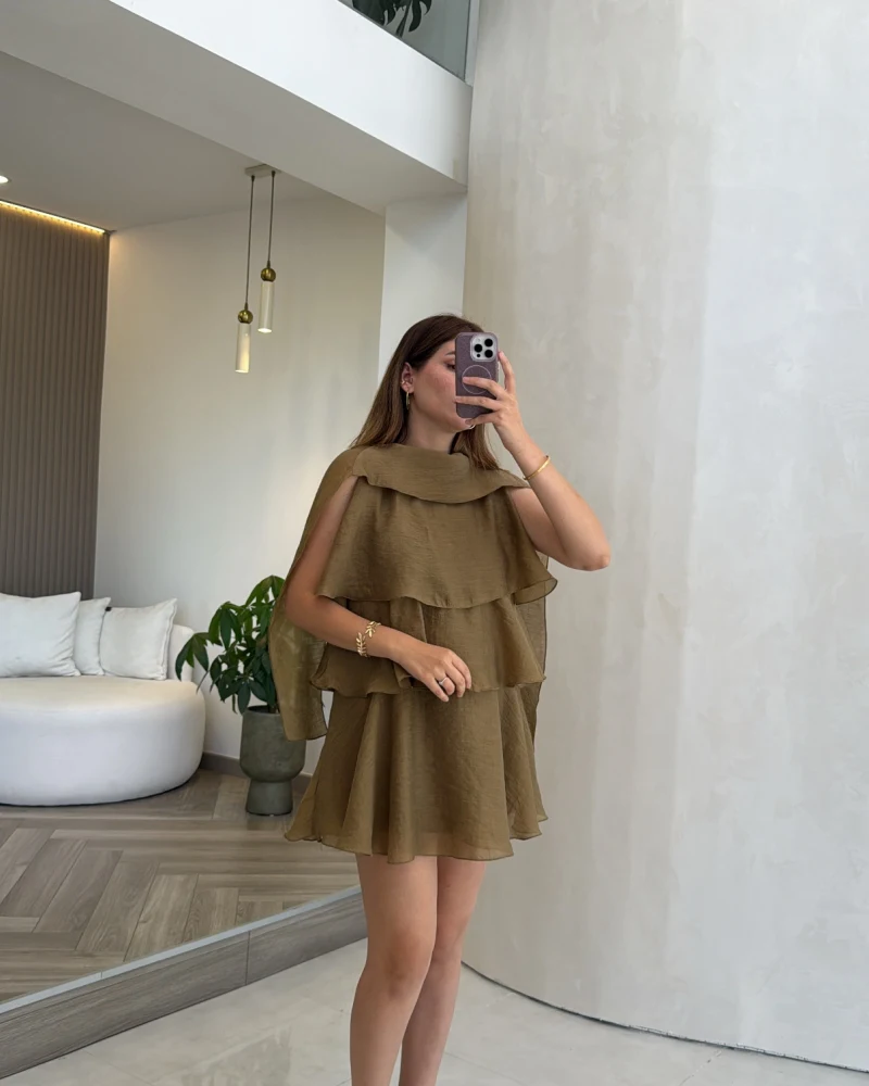 Kat Kat Pelerin Mini Elbise - Olive - Kod: 3452