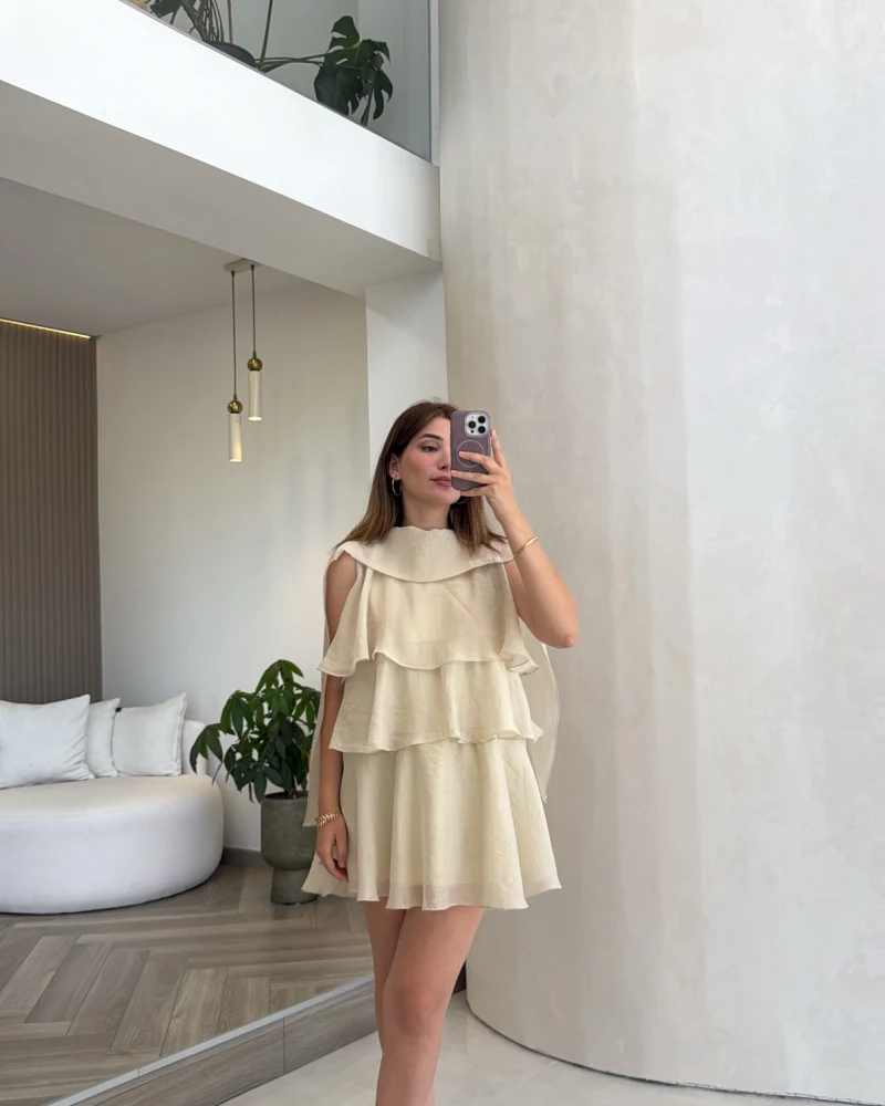 Kat Kat Pelerin Mini Elbise - Taş - Kod: 3452