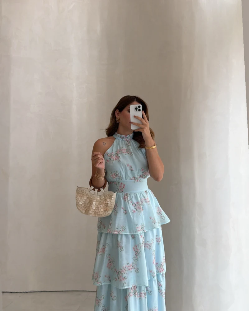 Kat Kat Şifon Desenli Elbise - Mavi - Kod: 3221