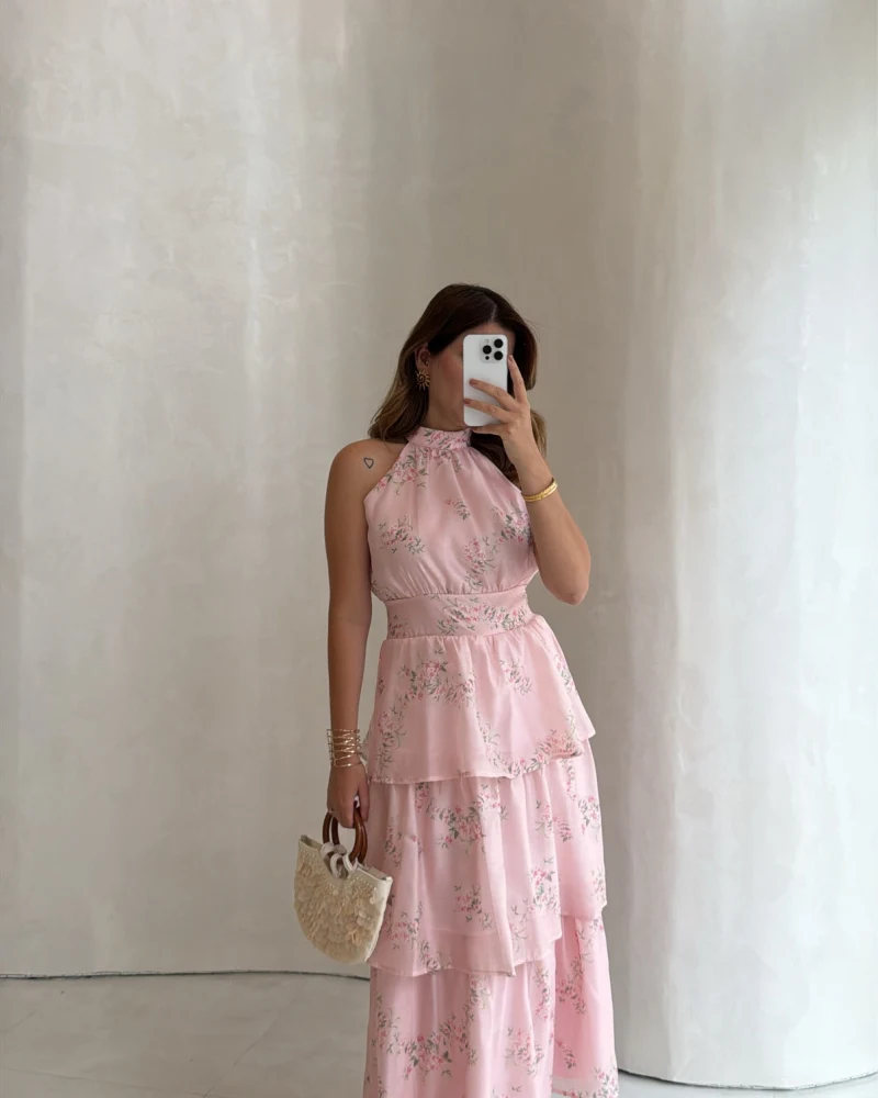 Kat Kat Şifon Desenli Elbise - Pembe - Kod: 3221