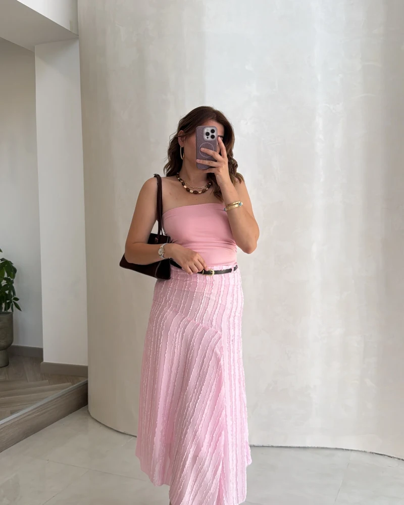 Kemerli Püskül Detay Etek - Pembe - Kod: 5096