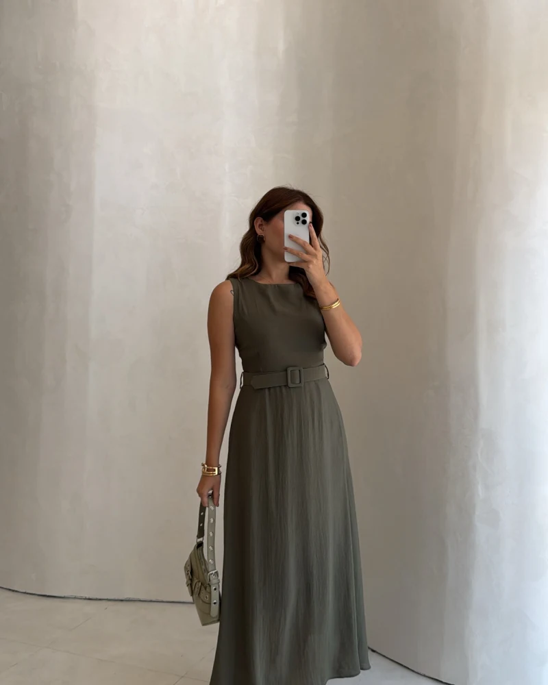 Kemerli Sıfır Kol Modal Elbise - Haki - Kod: 3093