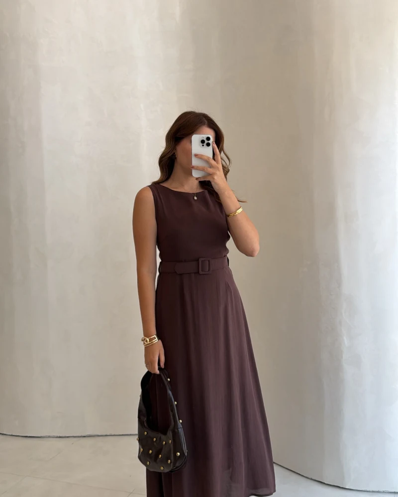 Kemerli Sıfır Kol Modal Elbise - Kahve - Kod: 3093