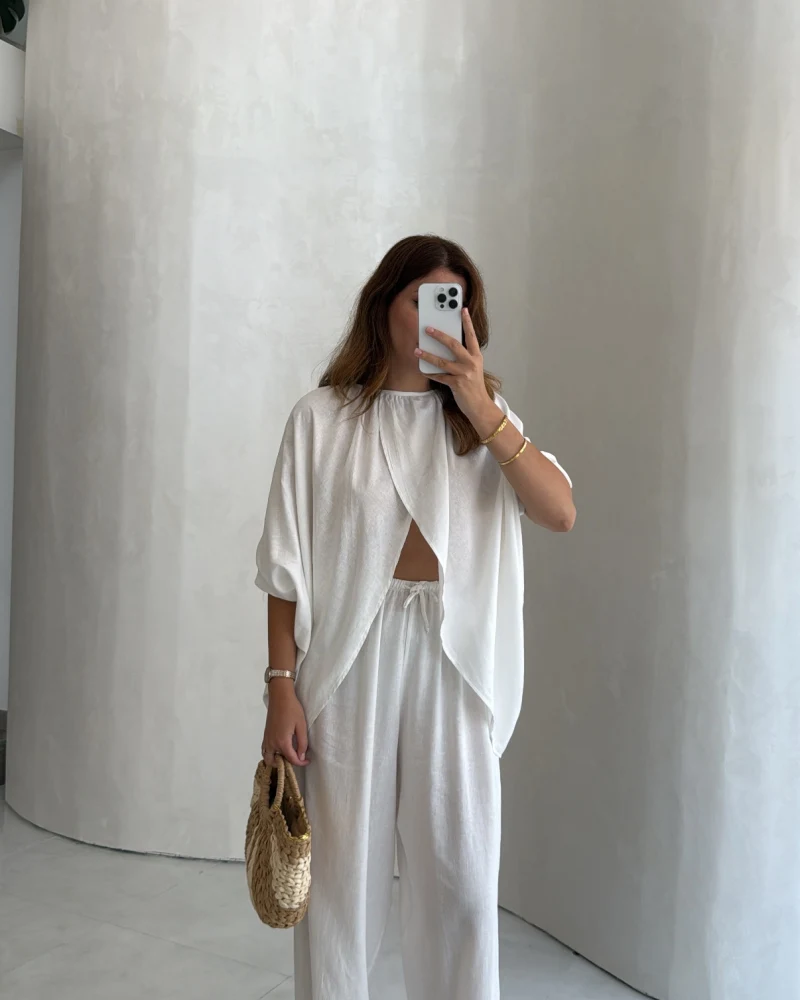Keten Bluz Pantolon Takım - Beyaz - Kod: 51402