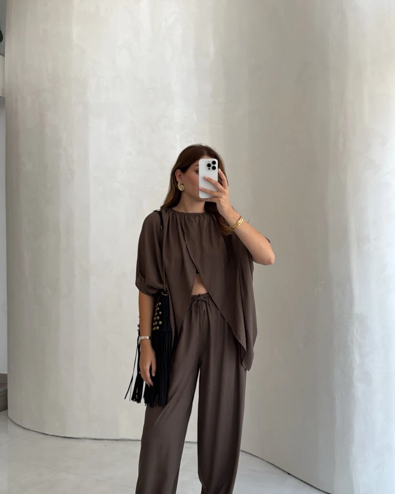 Keten Bluz Pantolon Takım - Kahve - Kod: 51402