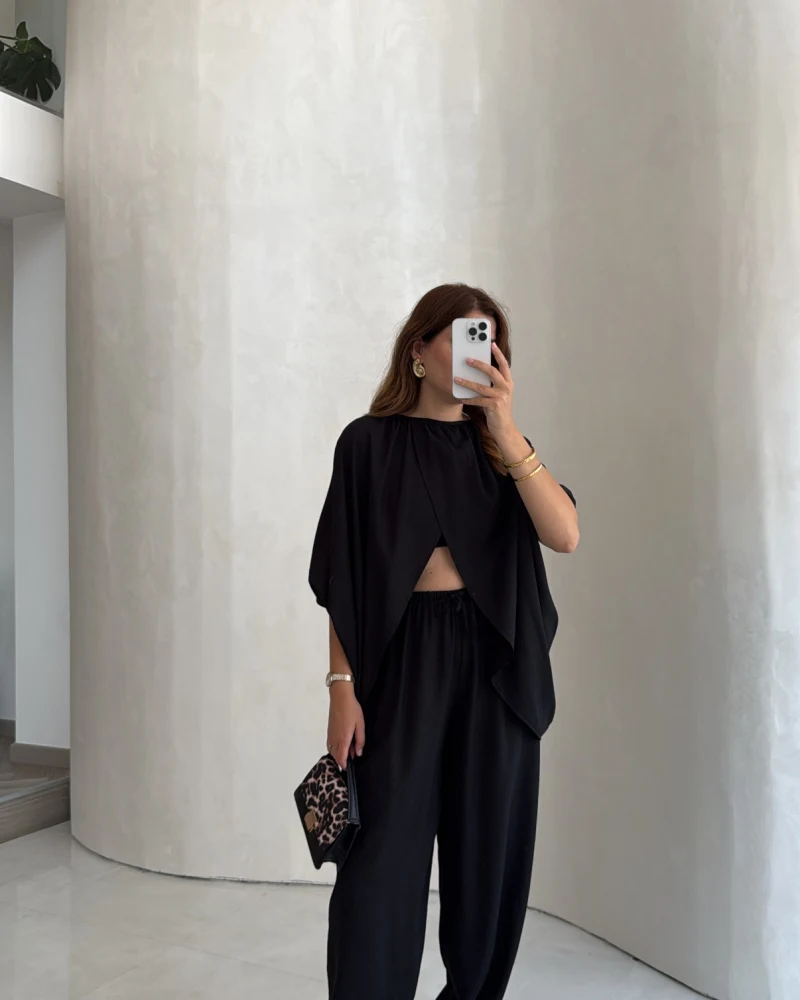 Keten Bluz Pantolon Takım - Siyah - Kod: 51402