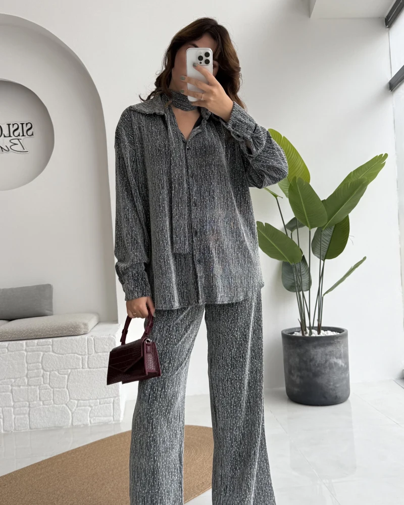 Kiara Taşlı Bağlamalı Gömlek Pantolon Takım - Gümüş - Kod: 6025