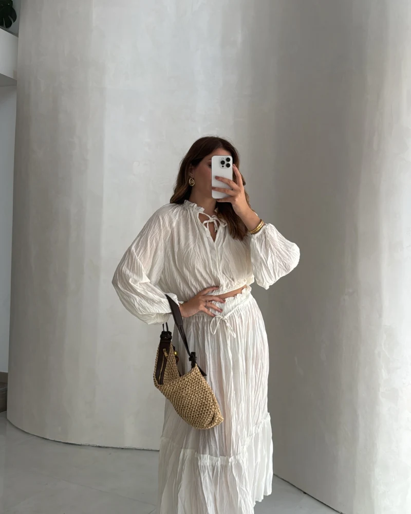 Kırışık Etek Bluz Takım - Beyaz - Kod: 580443