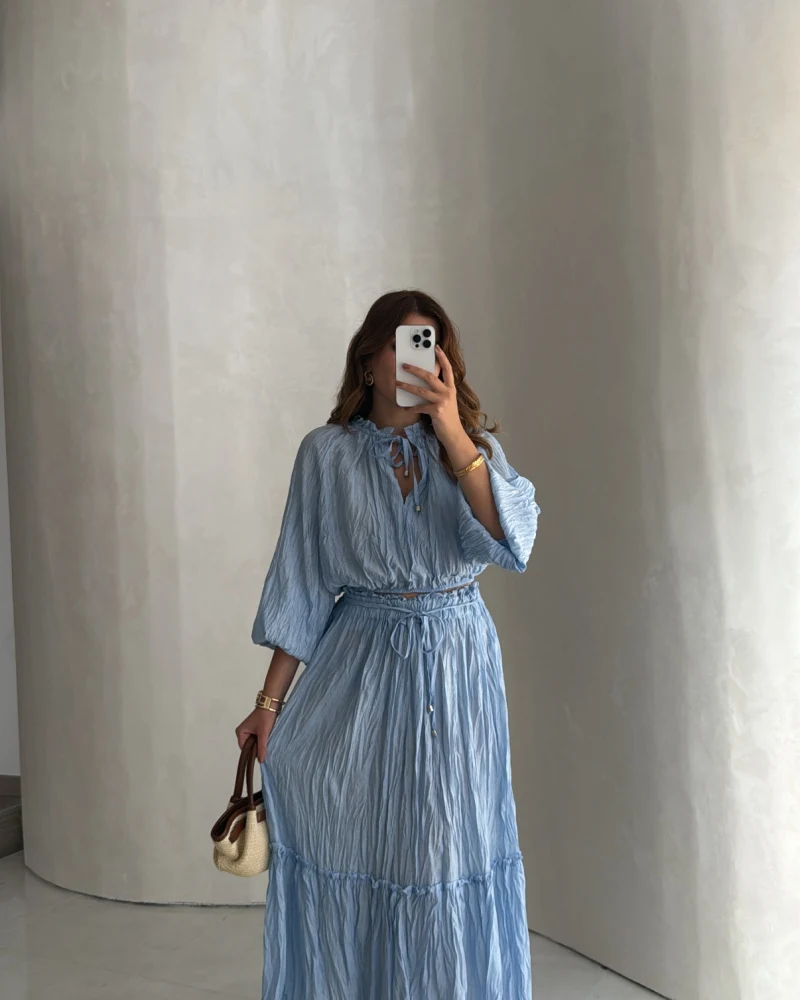 Kırışık Etek Bluz Takım - Mavi - Kod: 580443