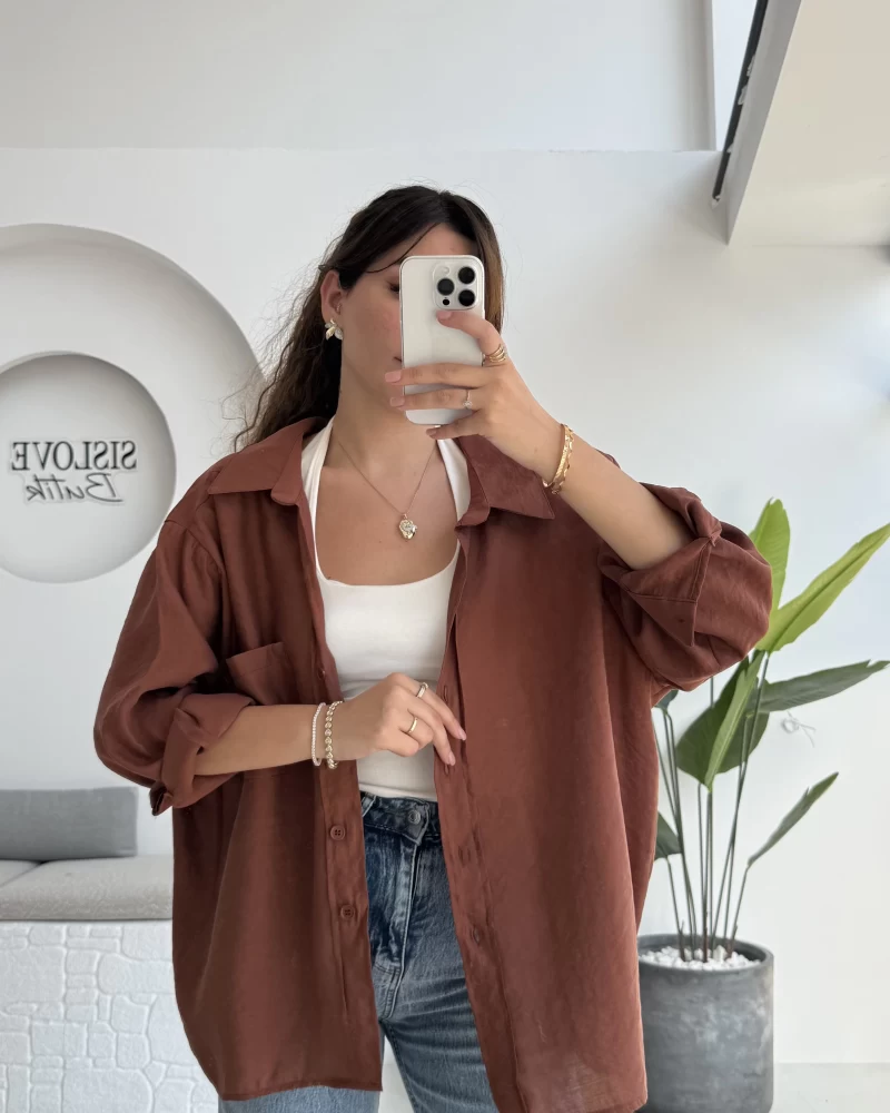 Kızıl Kahve Oversize Tensel Gömlek - Kod: 4612