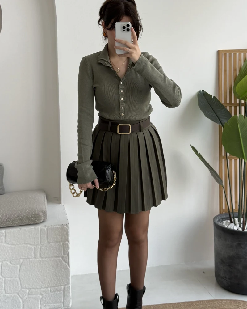 Klea Mini Piliseli Kemerli Etek - Haki