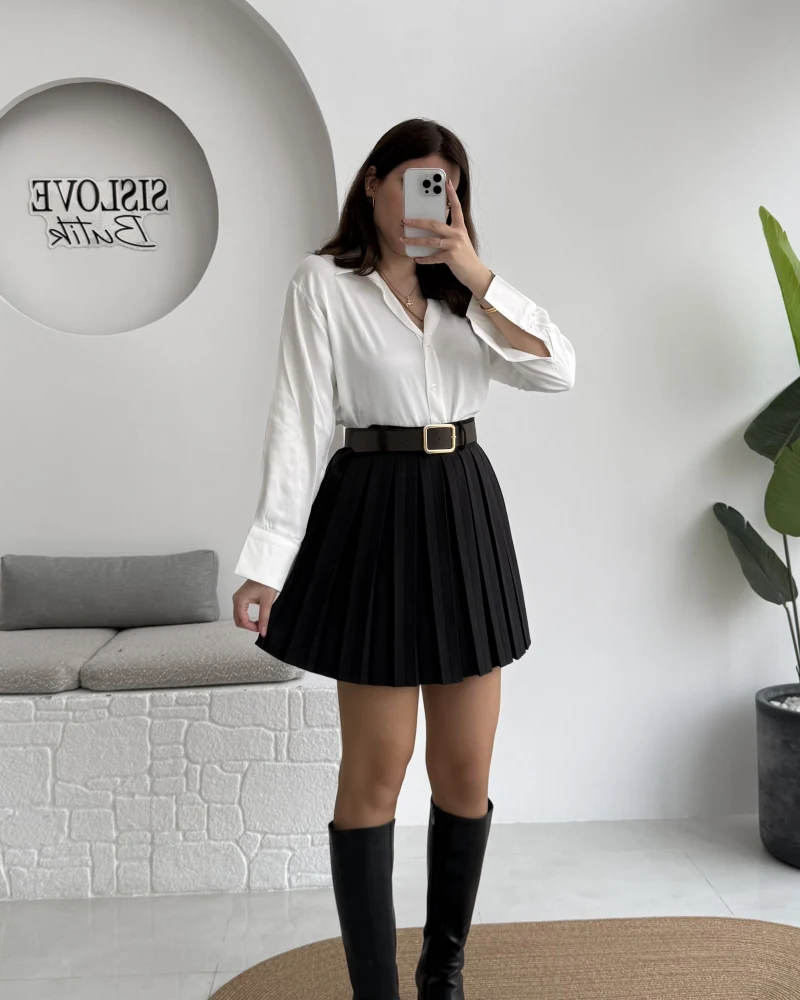 Klea Mini Piliseli Kemerli Etek - Siyah