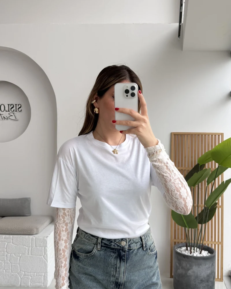 Kolu Danteli T-shirt - Beyaz