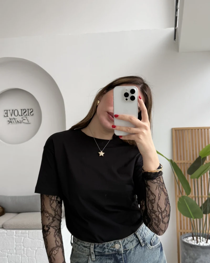 Kolu Danteli T-shirt - Siyah