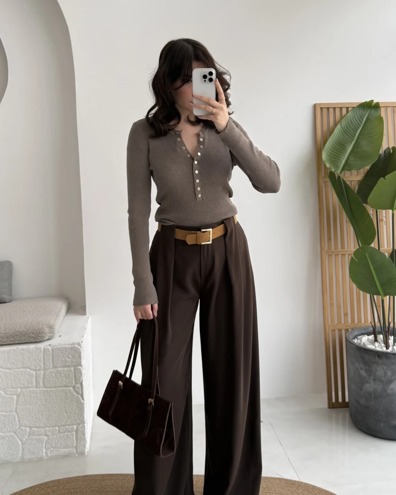 Köprü Detay Kemerli Pantolon - Acı Kahve - Kod: 3855