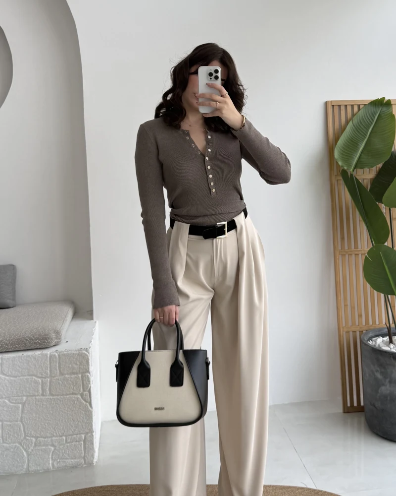 Köprü Detay Kemerli Pantolon - Taş - Kod: 3855