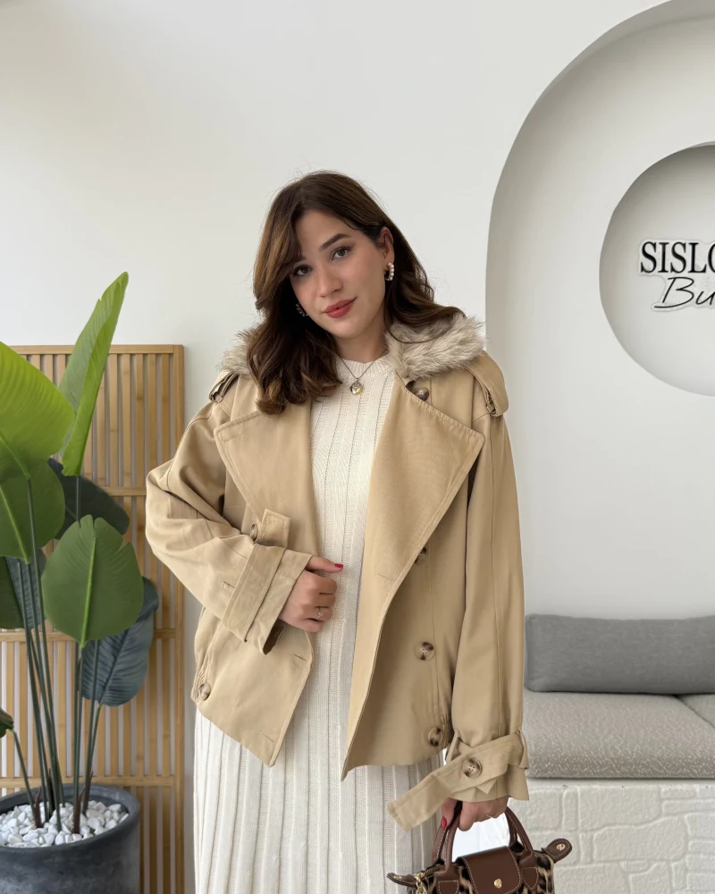 Kürk Yakalı Trençkot - Vizon - Kod: 508232