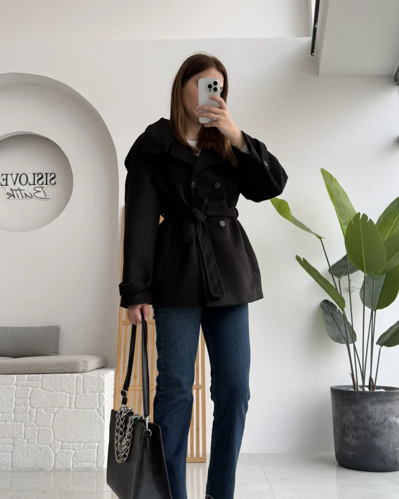 Kuruvaze Kısa Kuşaklı Kaban - Siyah - Kod: 7676