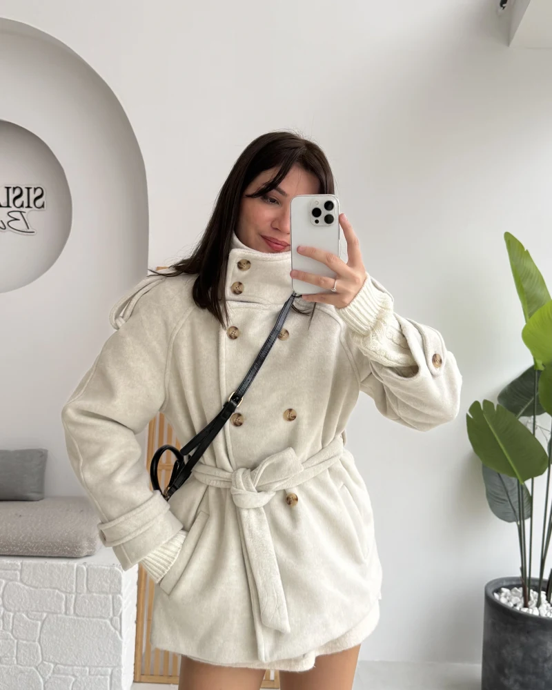 Kruvaze Kısa Kuşaklı Kaban - Taş - Kod: 7676