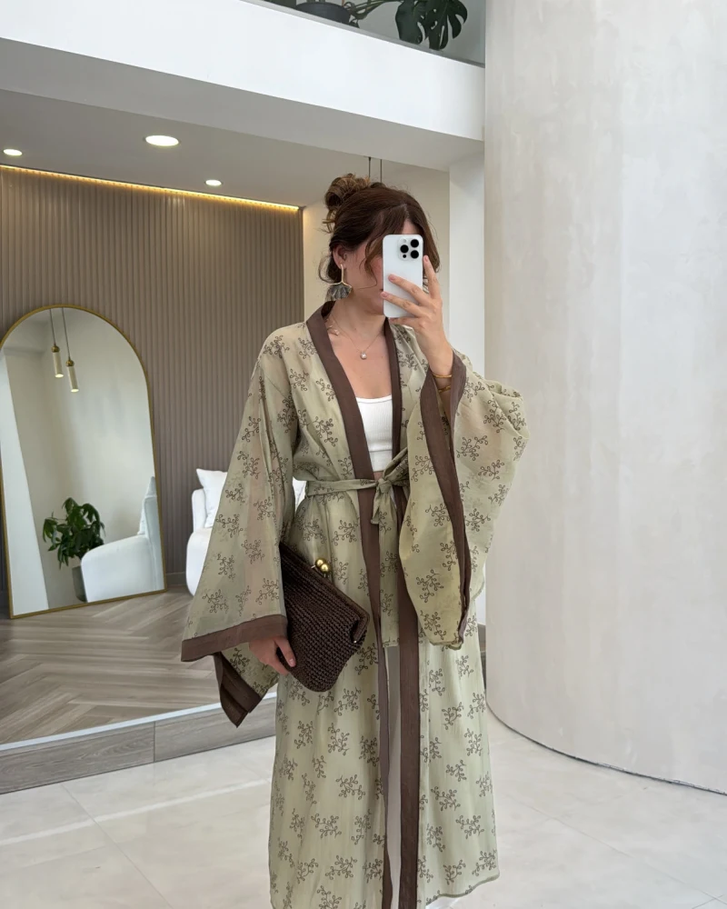 Kuşaklı Nakış İşlemeli Kimono - Adaçayı Yeşil - Kod: 5097